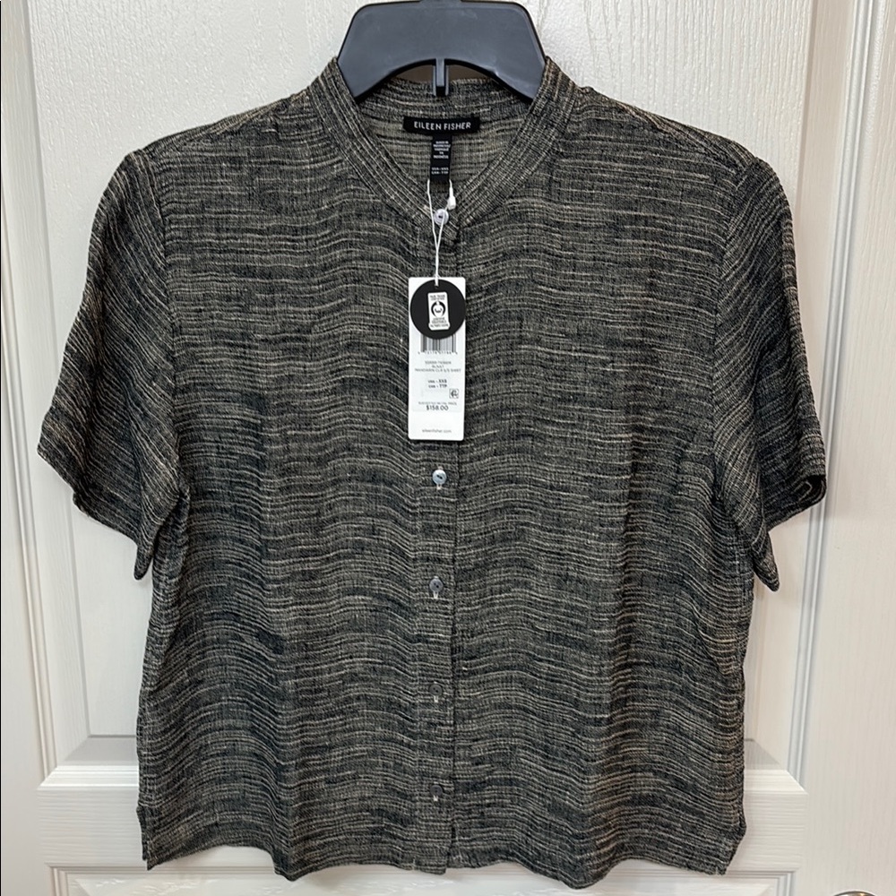 NWT Eileen Fisher Mandarin Collar Organic Linen Button-Up Shirt